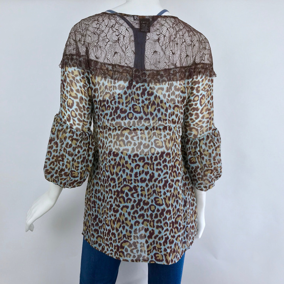 {BCBGMaxAzria} Blue Leopard Bell Sleeve Blouse - Picture 6 of 6